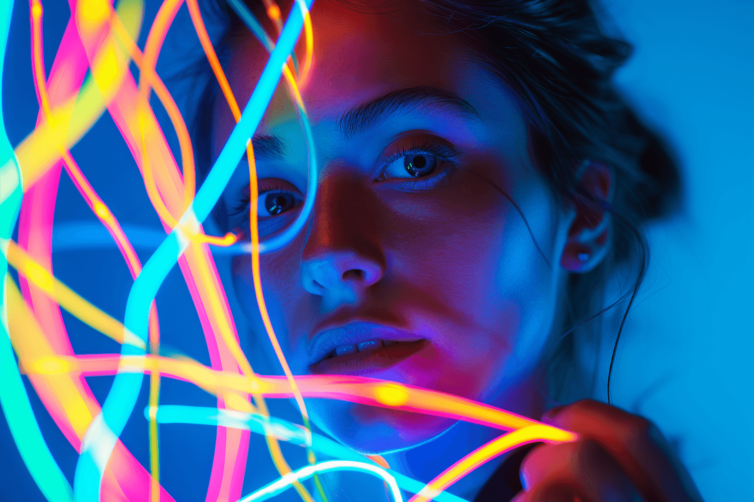 Futuristic colorfull image of woman looking into camera