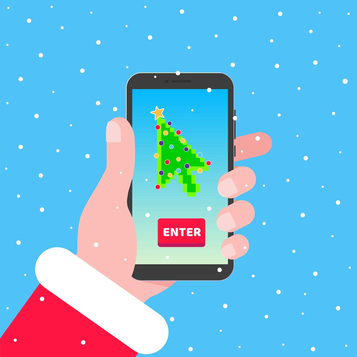 Illustation of santa holding smartphone