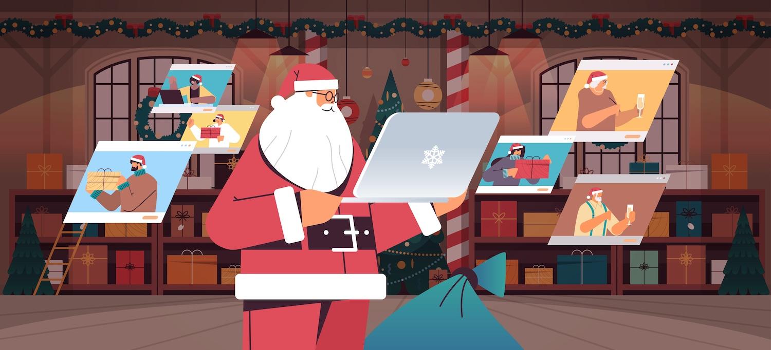 Illustration of santa with computer