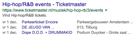 Screenshot snippet van evenement op Google