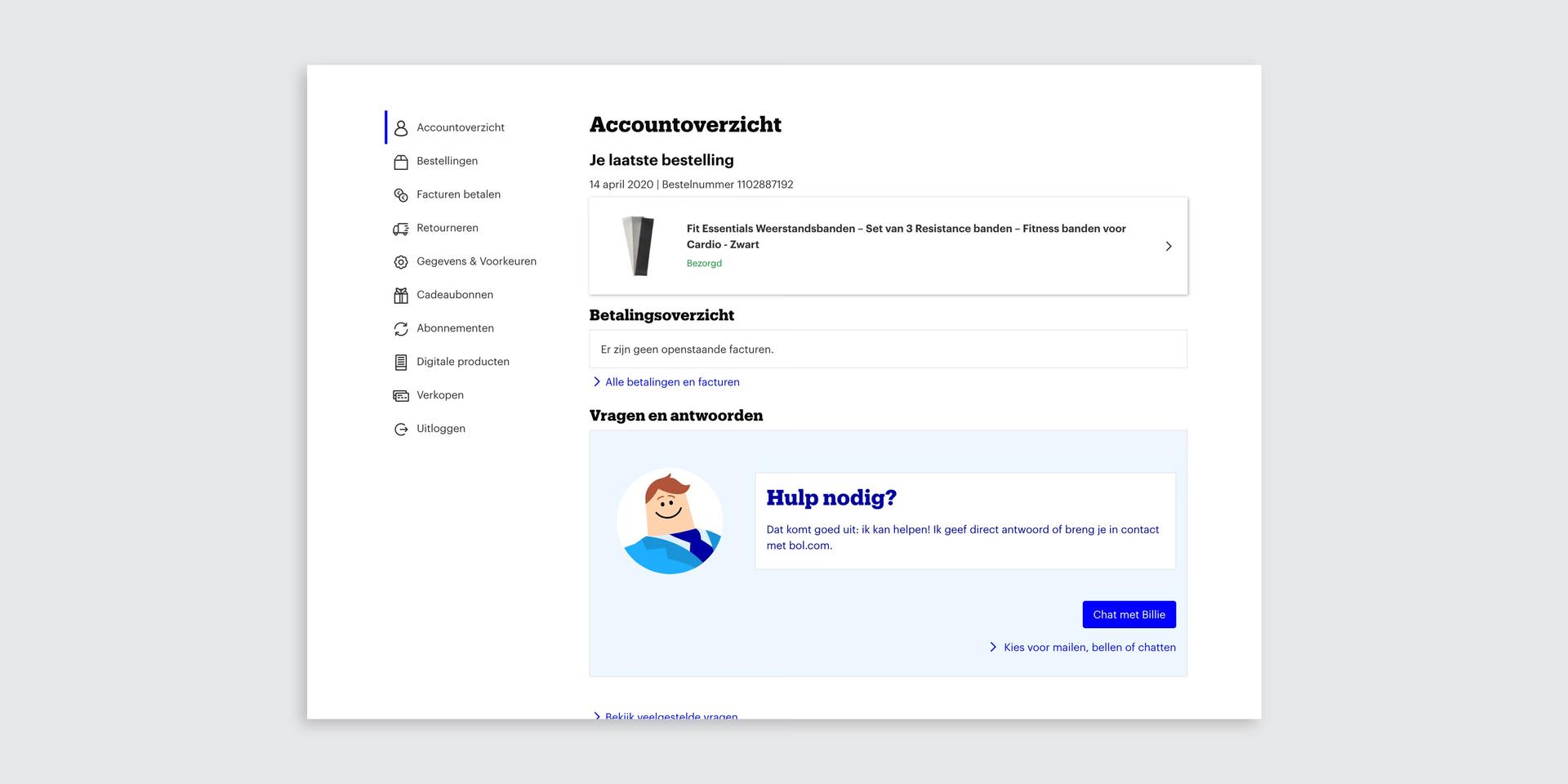 Screenshot van het klantportaal van Bol.com