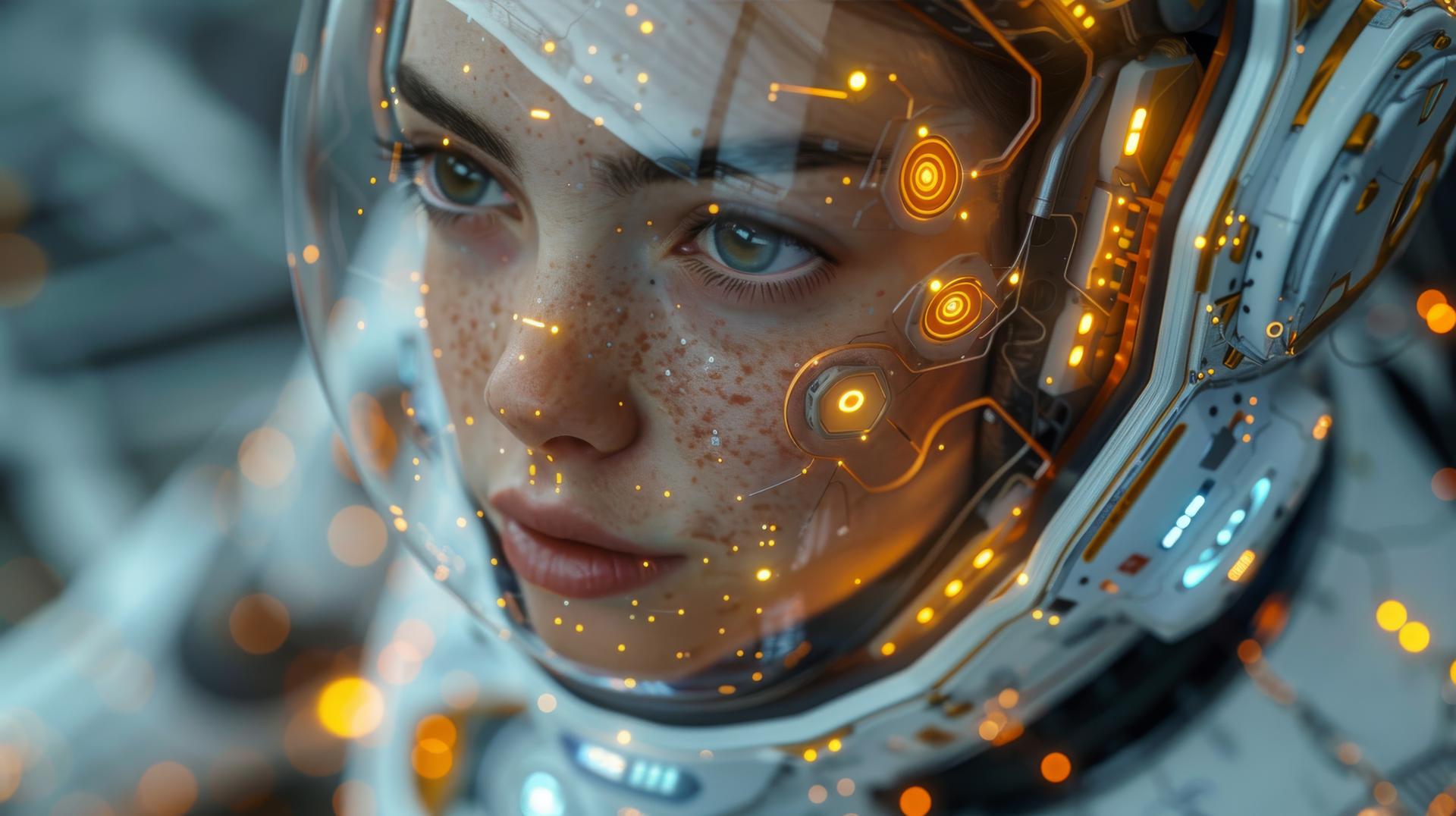 woman in spacesuit head freckels