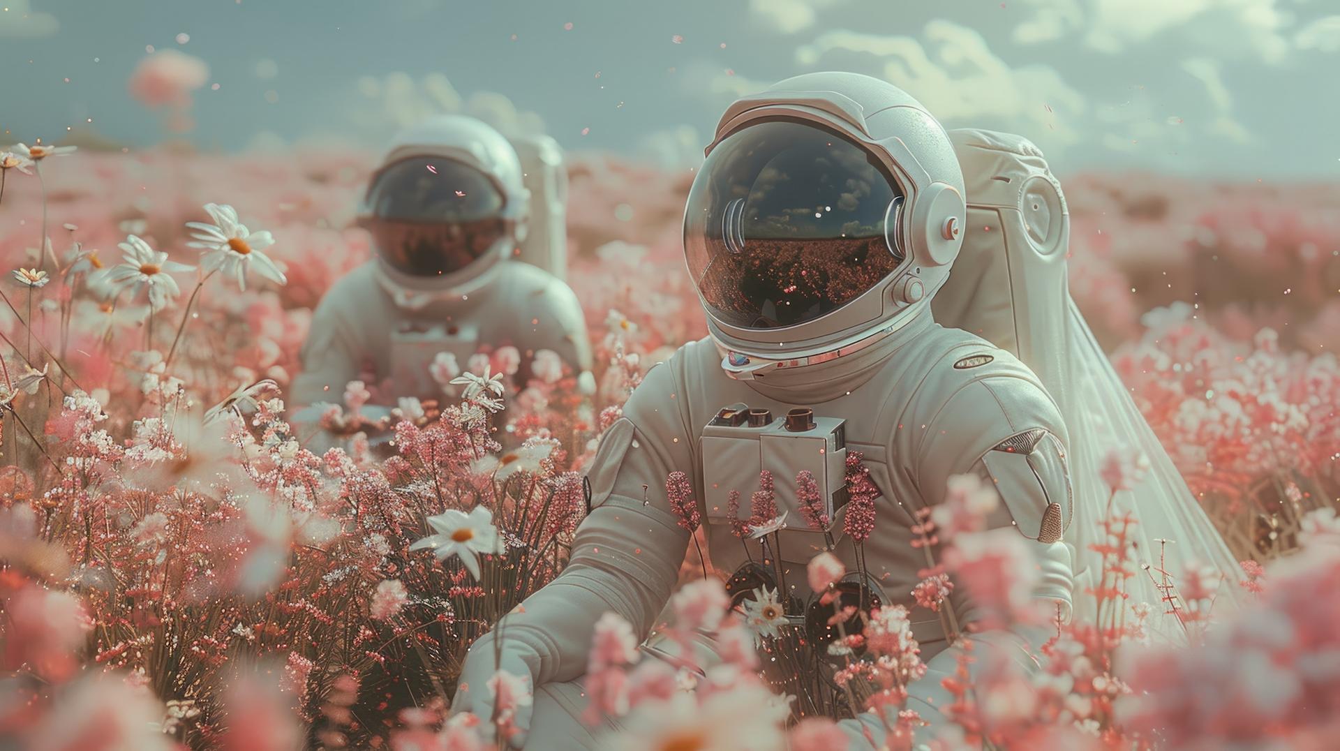 Spacesuits flowers field