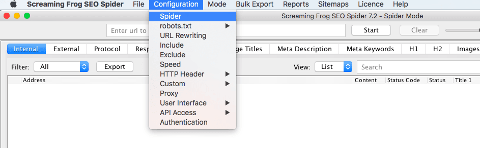 Screenshot Screaming Frog Spider stap 1