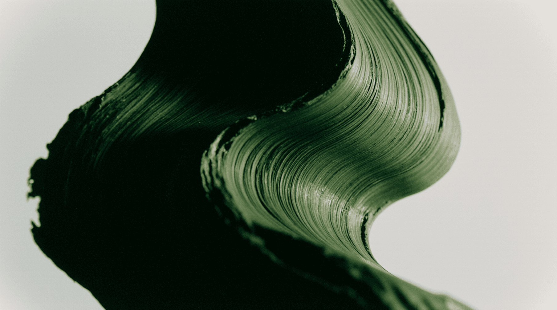Close-up of a textured, curving green brushstroke against a light background, resembling a wave or abstract form.