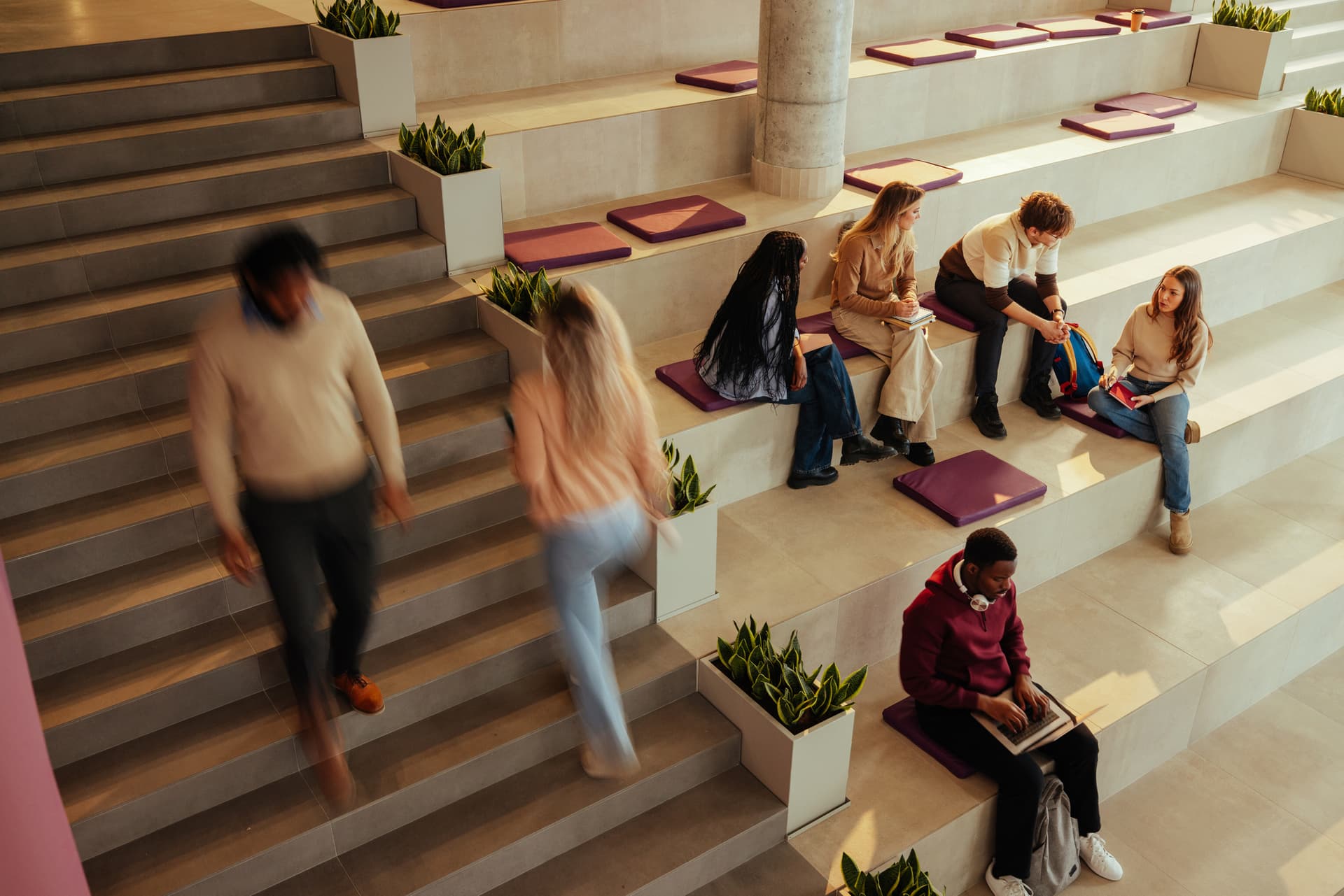 People sitting on tiered steps with purple cushions, engaging in study and conversation, while others walk past.