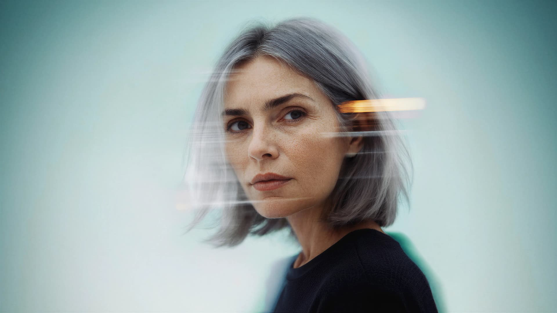 Woman with short gray hair and serious expression, standing against a blurred teal background.