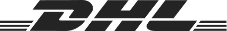 Black DHL logo featuring stylized letters with horizontal lines suggesting speed.